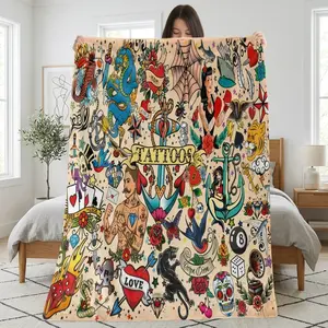 Classic Traditional Tattoo Pattern Illustration Printed Flannel Blanket Suitable，Suitable for bedrooms, sofas, travel, and camping，Multiple sizes，Durable and resistant to pilling，Suitable for adults and children，The perfect holiday gift