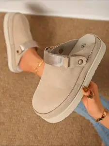 Women's Thick Sole Mule Slippers, Plush Platform Half Slipper Shoes, Casual Shoes Clogs, Textile Upper, Rubber Material, All Seasons Wear