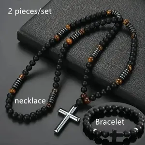 2PCS Bohemian Cross Pendant Necklace - Matte Black & Tiger Eye Beaded Necklace for Men &Women