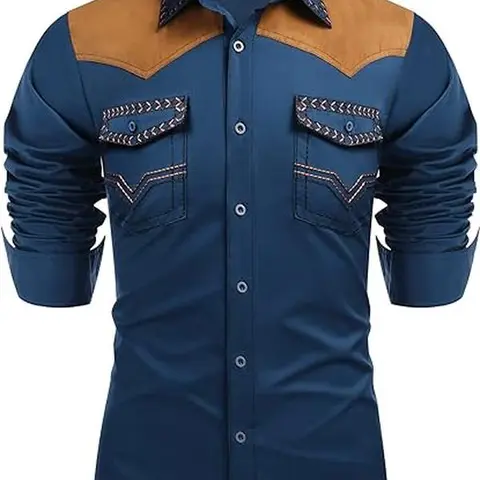 COOFANDY Men's Western Cowboy Shirt Embroidered Long Sleeve Slim Fit Casual Cotton Button Down Hippie Shirts with Pockets Classic Fashion Menswear Buckle Costume Denim Dress Embroidery Patchwork Retro
