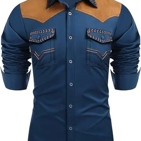 COOFANDY Men's Western Cowboy Shirt Embroidered Long Sleeve Slim Fit Casual Cotton Button Down Hippie Shirts with Pockets Classic Fashion Menswear Buckle Costume Denim Dress Embroidery Patchwork Retro
