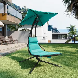 Garvee Hanging Chaise Lounge Swing Chair with Umbrella Canopy, Patio Lounge Chairs with Stand, Curved Steel Hammock Lounger Chairs for Outdoor Indoor Pool Garden Backyard Porch