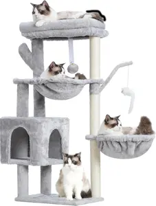 39.4" Cat Tree Tower for Indoor Cats with Scratching Post & Condo, Multi-Level Cat Tower with Sisal Pole, Soft Platform, 2 Cozy Baskets & Hanging Toy, Light Gray