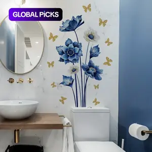 Creative Blue Butterfly Floral Flower Bathroom Sticker, Living Room Bedroom Wall Decal, Self-Adhesive Home Decor, Easy Peel & Stick