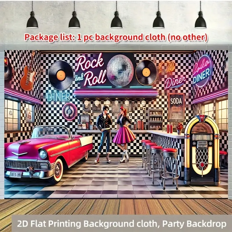 1pc 2D Flat Retro Disco Party Backdrop Cloth - Polyester Material, Vibrant Checkered Floor, Pink Car & Jukebox Design, Easy Wall Hang, Retro Disco Theme Photo Background for Birthdays, Home Decor, No Power Needed Wall Hanging Sign