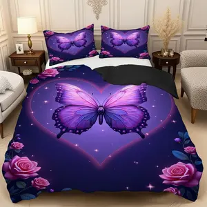 2/3 Pcs Purple Butterfly Rose Heart Duvet Cover Set,High-Definition Digital Printed Bedding Set(1* Duvet Cover+1/2* Pillowcase,No Filling)100% Polyester Fiber Soft,Breathable Bedroom,Guest Room Decoration,Machine Washable,Perfect Holiday Gift