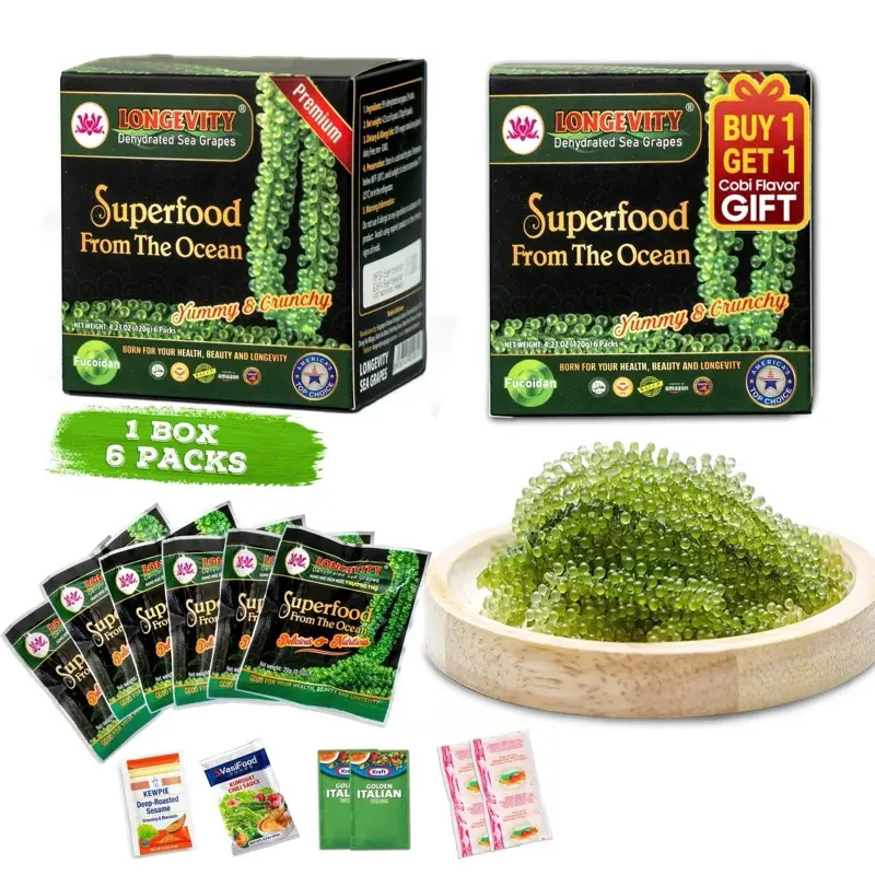 [Buy 1 Get 1 Gift Free] Longevity Dehydrated Sea Grapes 6 Packs of 4.23 oz Green Caviar Umibudo Latok Seaweed Organic Premium Quality Crunchy Flavor Superfood From The Ocean
