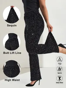 Plus Size Women's Flared Leg Pants, Trouser, Bottom, European Luxury Style, High Waist Sequin Fabric, Summer Breathable Slim Fit, Perfect for Daily
