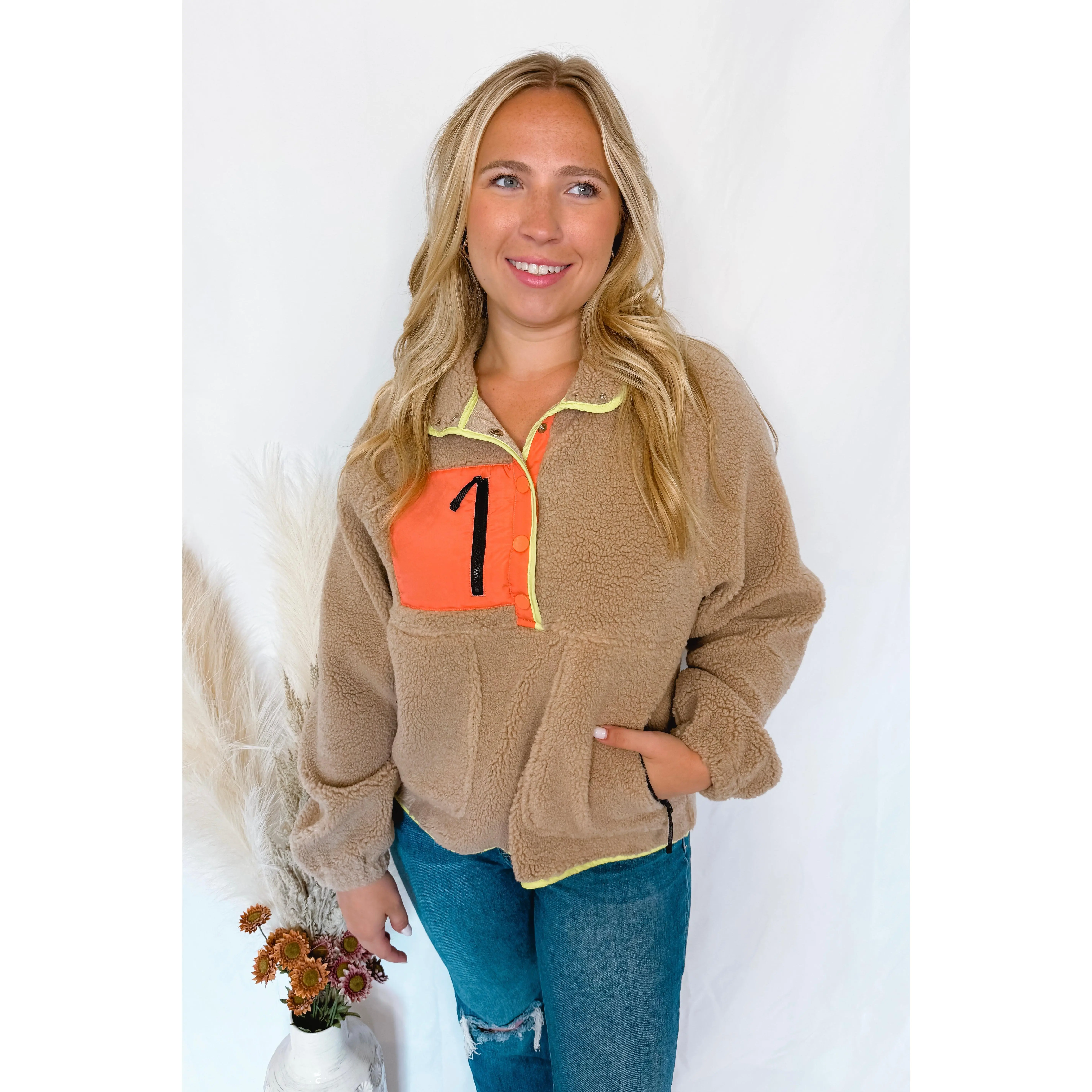 Toasty Nights Sherpa Colorblock Pullover - Tan