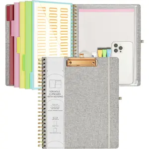 Foldable Spiral Clipboard Folio with Storage Zipper Pouch, 5 Plastic Folders with 10 Pockets,Refillable Lined Notepad (11" x 8.5"), Hardcover Project Organizer with 39 Stickers (Grey)