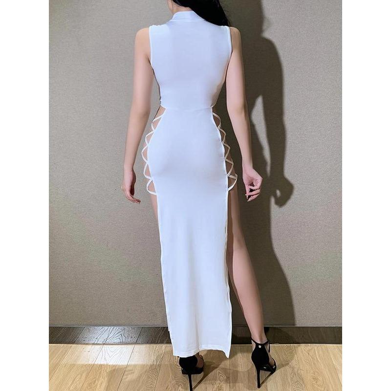 Chic Criss Cross Cut-Out Split-Thigh Maxi Dress – Women’s Solid-Hued Mock Neck Sleeveless Tank Dress for Evening Party, Nightclub & Summer Events