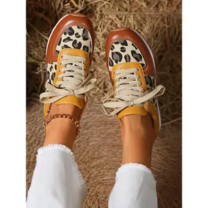 Women's Fashion Leopard Print Lace Up Low Top Sneakers, Casual Breathable Comfortable Sports Shoes, Female All-match Round Toe Shoes for Daily Wear