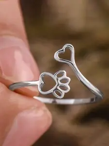 Women's Elegant Heart & Paw Design Cuff Ring, Minimalist Cute Gorgeous Cuff Ring, Trendy Chic Jewelry As Gift for Girlfriend, Cute Rings