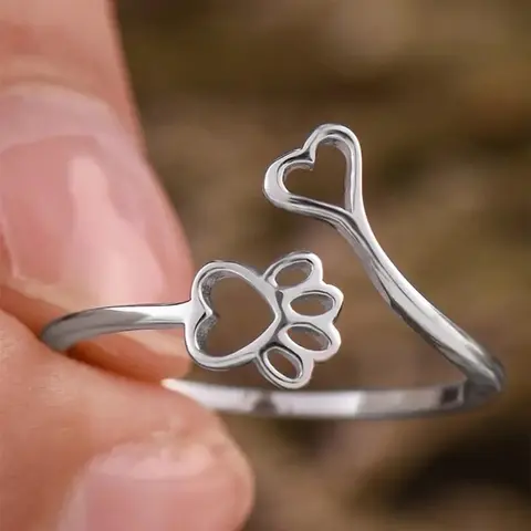 Women's Elegant Heart & Paw Design Cuff Ring, Minimalist Cute Gorgeous Cuff Ring, Trendy Chic Jewelry As Gift for Girlfriend, Cute Rings, Beautiful Rings