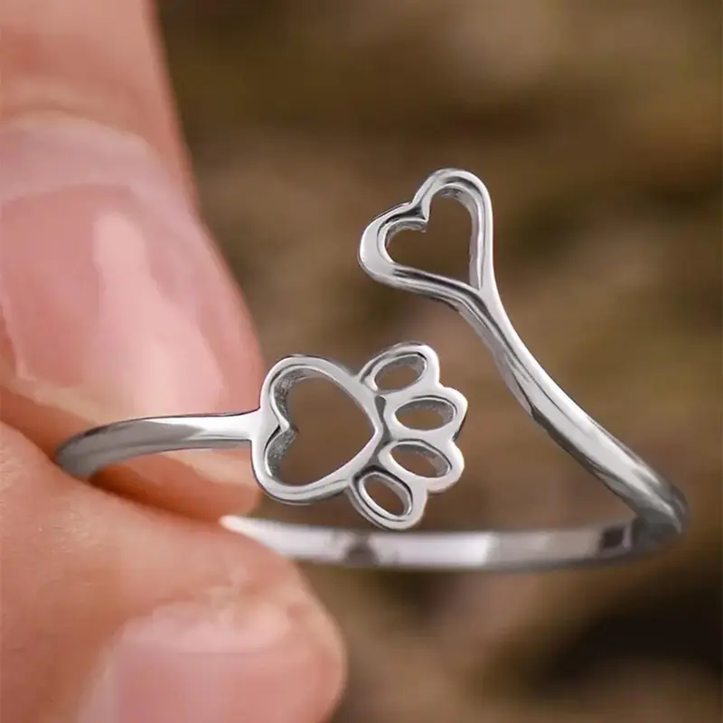 Women's Elegant Heart & Paw Design Cuff Ring, Minimalist Cute Gorgeous Cuff Ring, Trendy Chic Jewelry As Gift for Girlfriend, Cute Rings, Beautiful Rings