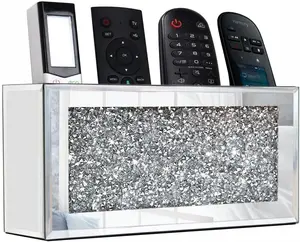 Mirrored Remote Holder, Wall Mounted Crush Diamond Bling Decoration Organizer Storage Box for Remote Phone Pad Wallet Notebook (8.3"×2.5"×4" For 3 or 4 Remote Controls)