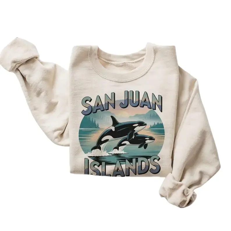 Retro San Juan Islands Cotton Polyester Sweatshirt, Unisex Vintage 90s Orca Graphic Long Sleeve Casual Top