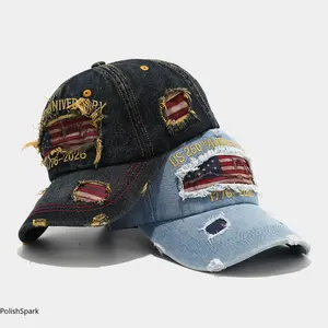US 250th Anniversary 1776-2026 Distressed Denim Baseball Cap – Vintage American Flag Ripped Dad Hat | Adjustable Washed Cotton Patriotic Sun Visor