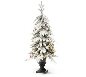 Glitzhome 4FT Pre-Lit Flocked Artificial Christmas Porch Tree
