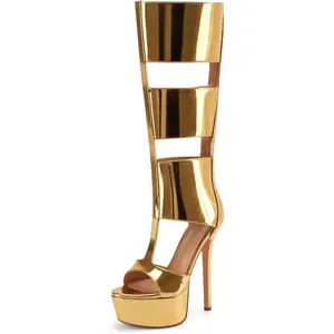 Evolra Women's Gold Metallic Platform Knee-High Gladiator Stiletto Boots | Rear Zipper & Cutout | 15.5cm Heel for Party & Club