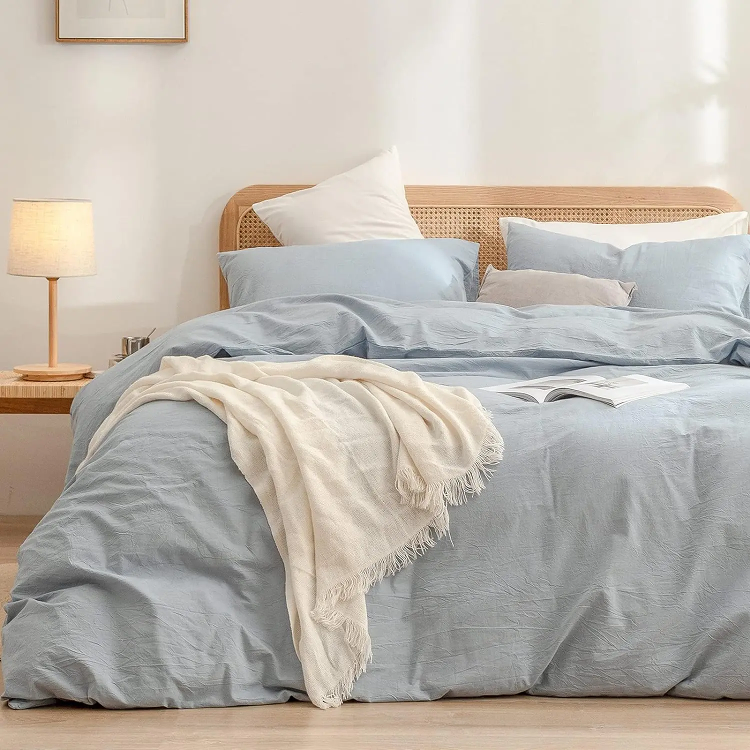 100% Cotton Casual Solid Cornflower Blue Twin/Twin XL Duvet Cover Set - 1 Duvet Cover, 2 Pcs Classic Washed Linen Feel, Breathable Comfy Lightweight Bedding