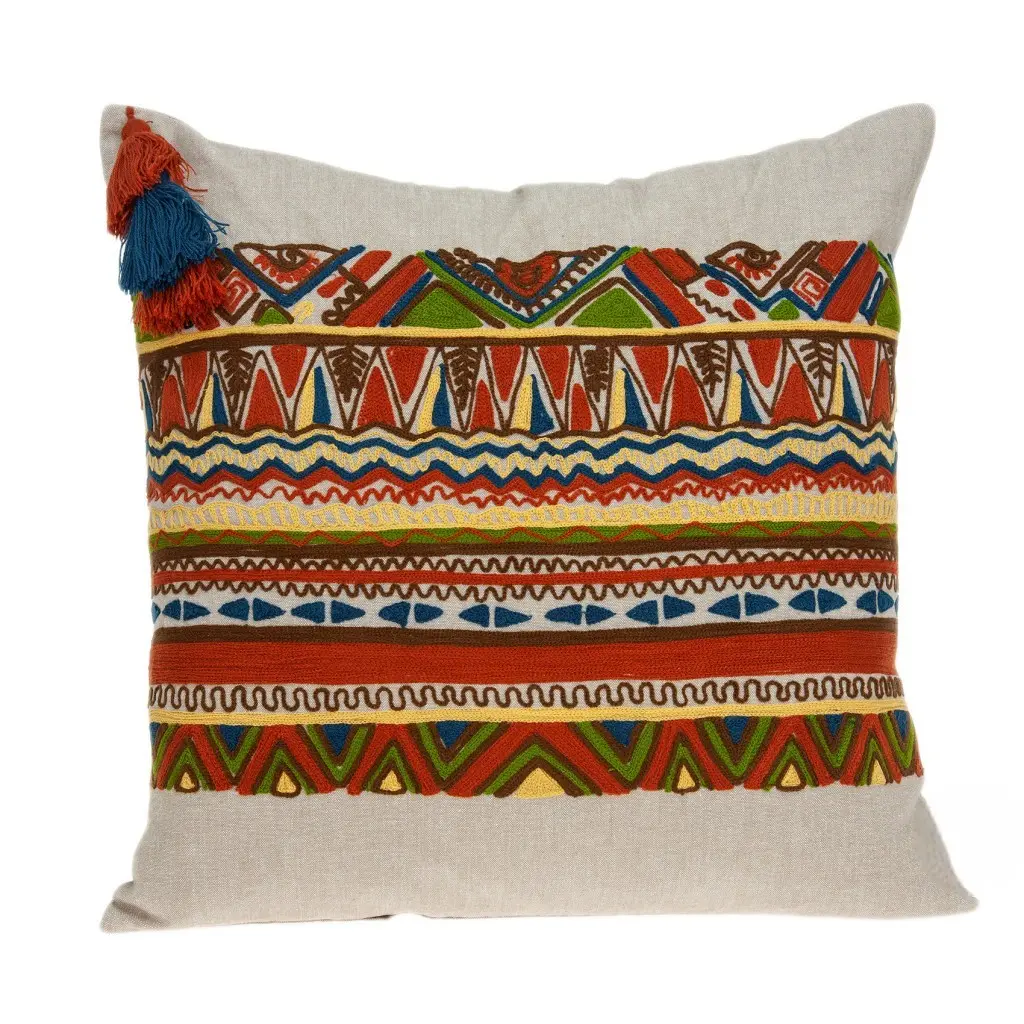20 in. Beige & Orange Striped Cotton Blend Embroidered Decorative Throw Cushion with 360 Stand, Home Boho Decorative Standard Pillow with Cover for Bedroom, Boho Standard Pillows, Decorative Standard Pillows