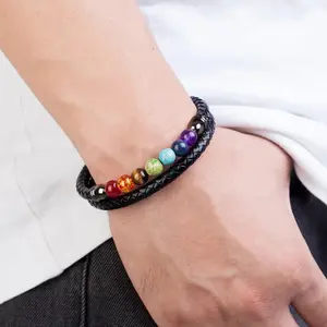 7 Chakra Crystal Beads Hand Braided Vegan Leather 2 Strands Men Fashion 8 Inches Wrap Bracelet, Healing Protection Strength Bracelet, Gift for him