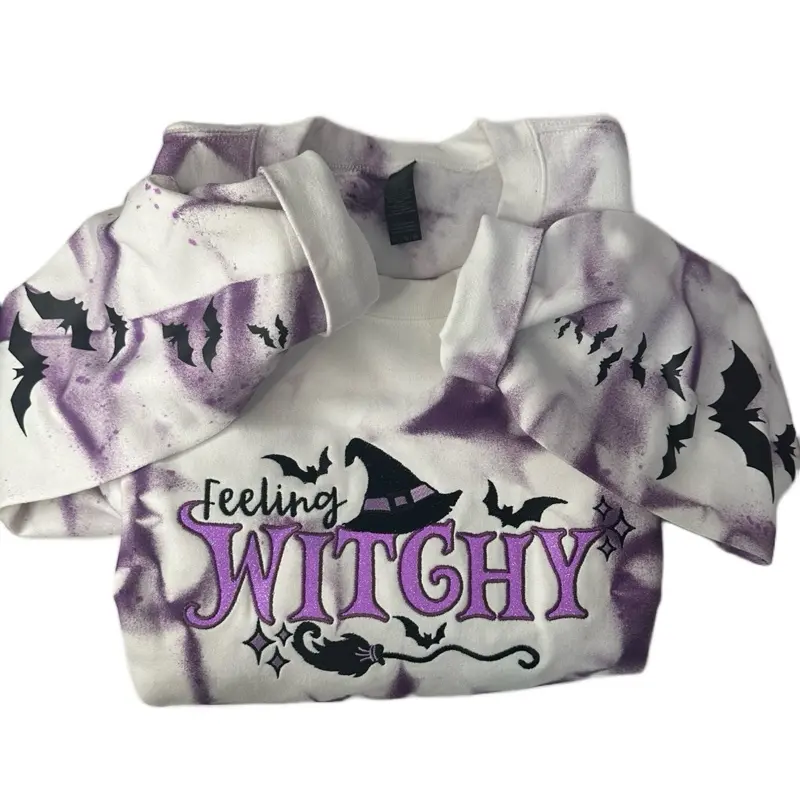Feeling Witchy Tie Dye Sweater with Glitter HTV Personalized Applique Design Comfortable Cotton Poly Blend Material