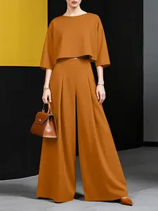 Women's Casual Round Neck Three-Quarter Sleeve Crop Top Set, Elastic Waist Pleated Wide Leg Pants, Two-Piece Womenswear