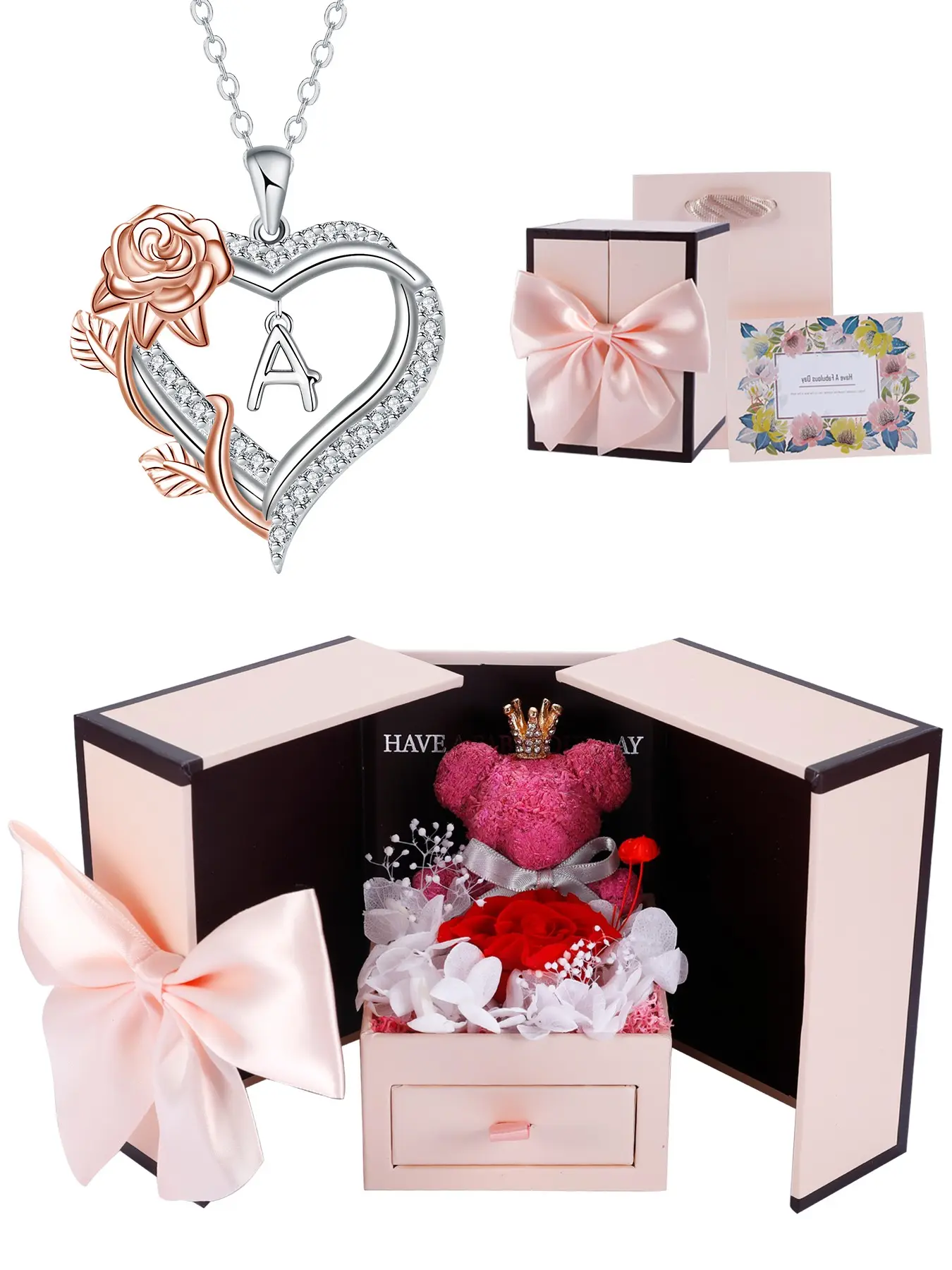Moss Bear Rose Jewelry Gift Box with Rose Initial Heart Necklace for Women, Alphabet Letter Heart Pendant, Anniversary and Birthday Jewelry Gift for Wife, Mom, Girlfriend, Love Heart Necklace, Elegant Necklace, Exquisite Jewelry Gift