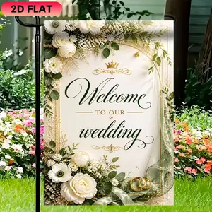 Luxury White Floral Wedding Garden Flag - Elegant Green & Gold Welcome Sign For Modern Romantic Weddings