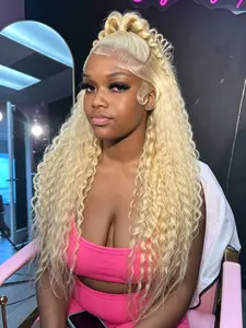 Blonde Deep Curly Wig 613 Blonde Lace Front Wig 13x4 HD Transparent Lace Frontal Wig 28 Inch Soft Long Curly Wig Fluffy Wavy Wig Heat Resistant Synthetic Wig Music Festival Look Curly Wig for Women Daily Wear Party Dating