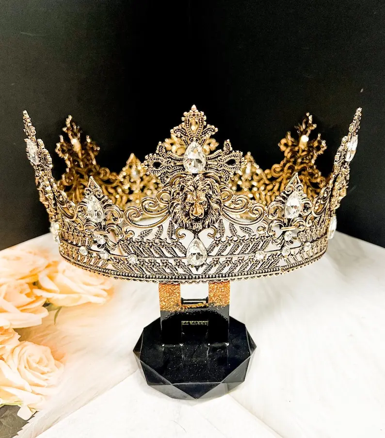 Vintage Lion King Crown, Prince Wedding Headpiece, Clear Crystal Crown for Groom,