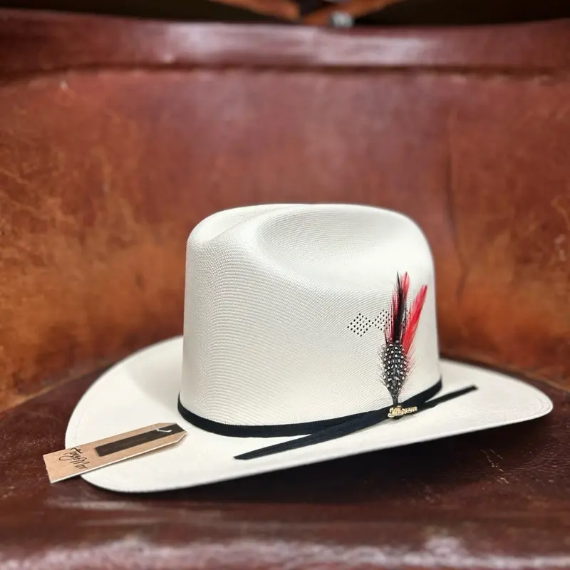 Sombrero 1,000x Copa Alta Falda de 3 - White Hat with Black Band and Feather Accent