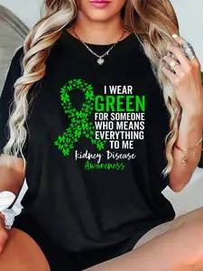 100% Cotton Unisex I Wear Green for Kidney Disease Awareness Support Squad T-Shirt -Short Sleeve T-Shirt Women's Men's Graphic Tee Causal Tops