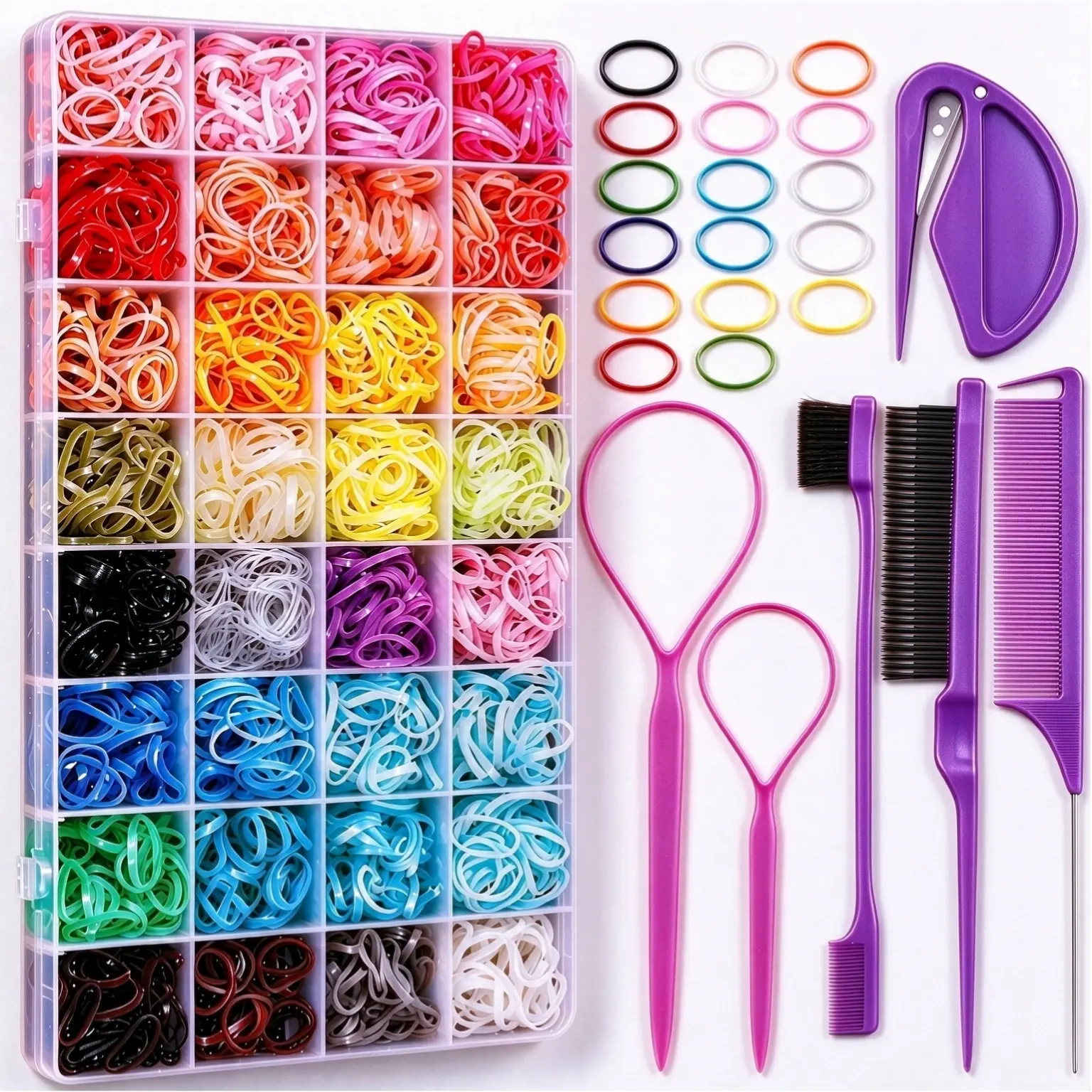 32-Color Headband & Hair Styling Accessory Kit, 1800Pcs Mini Elastic Hair Ties in Assorted Colors, 6 Styling Tools, Edge Brush Tail Comb, Heatless No-Heat Hair Accessories for Kids Girls Women  >