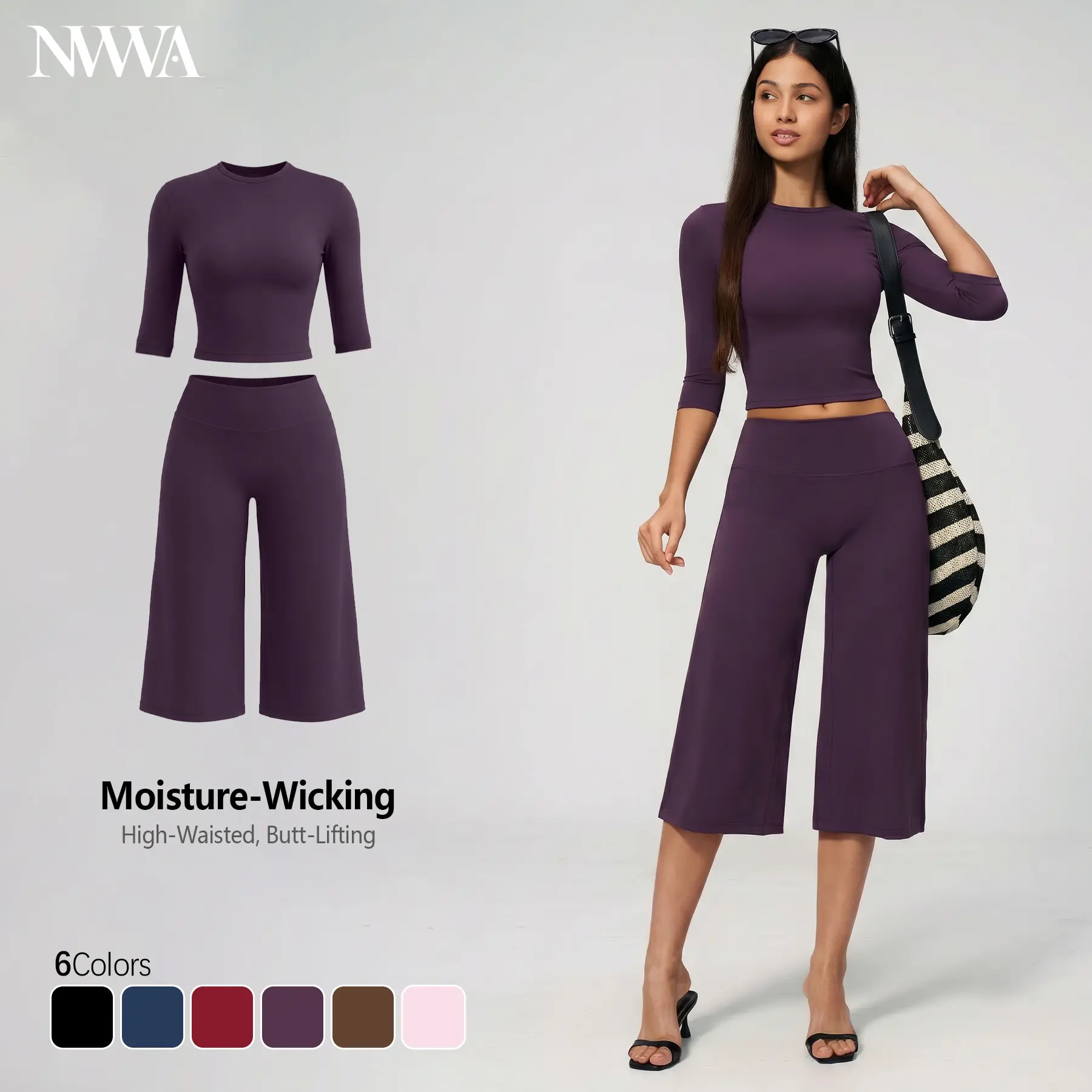 Effortless Cozy 2 Piece Matching Set | Flowy Wide Leg Pants + Slimming Elbow Sleeve Top | High Waisted Lounge Co-ord | Trendy Casual Wear women's clothes tiktokshopbacktoschool,back to school,back to school haul