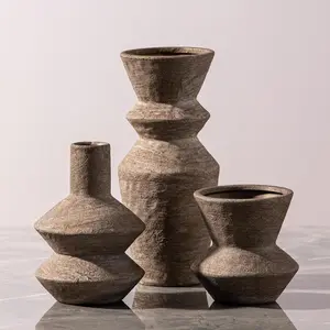 Ceramic Vase Home Table Decor - Brown Flower Vase Set of 3 Living Room Kitchen Decorations Farmhouse Modern Rustic Vases Decorative Centerpiece for Shelf Bedroom Office Bathroom Dining Coffee Desk