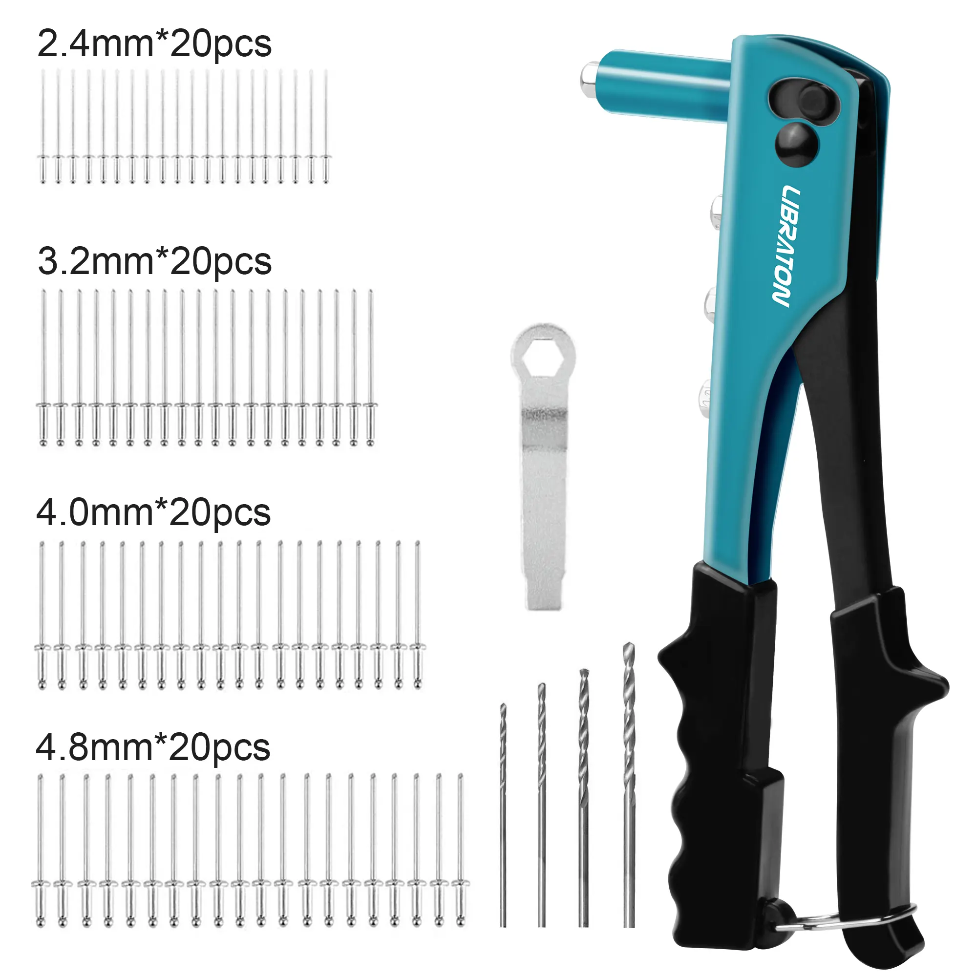 Rivet Gun, Rivet Gun Kit, Pop Rivet Gun, 80PCs Metal Rivets and 4 Drill Bits, Heavy Duty Hand Riveter, Rivet Gun Tool for Metal, Automotive, Blind Rivets 3/32" 1/8" 5/32" 3/16"