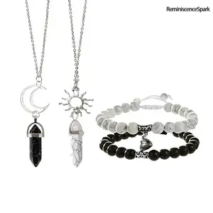 4-Pcs Synthetic Jade Sun Moon Magnetic Bracelets – Turquoise Beaded Matching Design, Perfect Long Distance Couple & Friendship Gifts for Men Women Daily Wear