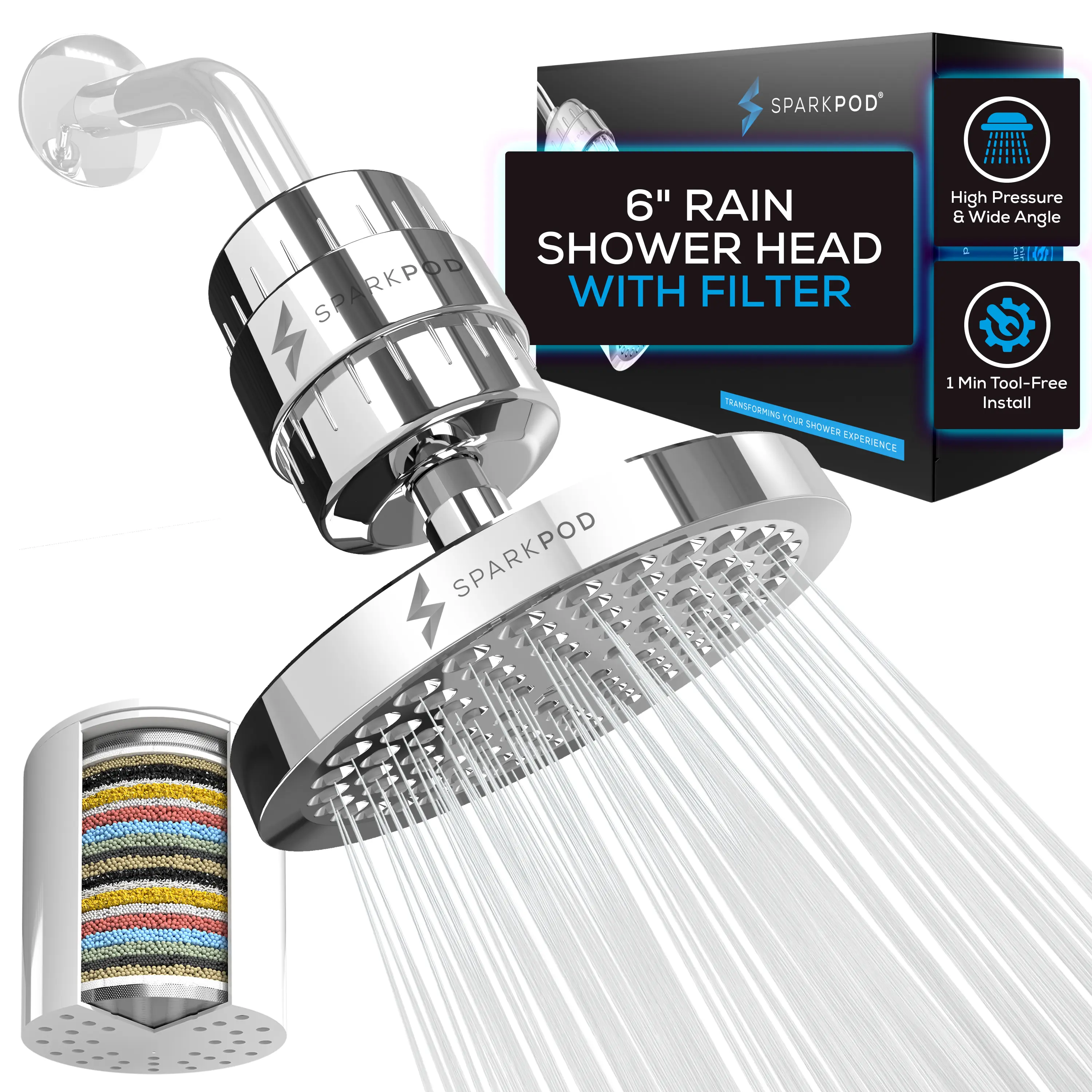 SparkPod Luxury Polished Chrome Filtered Shower Head Set - 6" Round Pressure Boosted Head, 23-Stage Filter, Chlorine Reduction, Heavy Metal Reducer, Universal Install Shower Water Equipment