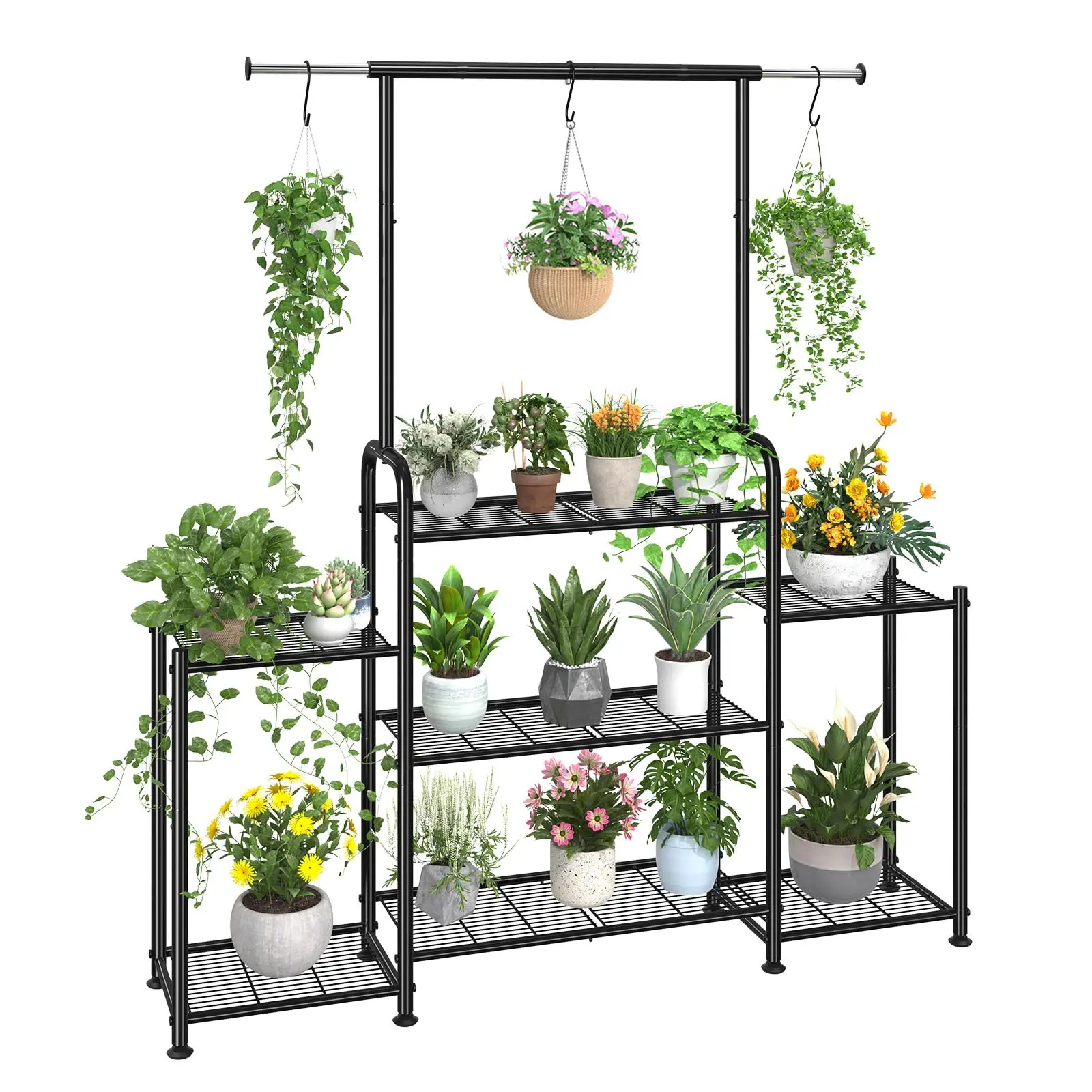 Plant Stand Indoor Outdoor, Metal 3 Tier Tall Hanging Plant Shelf for Multiple Flower Planter Large Heavy Duty Ladder Plant Holder for Garden, Black