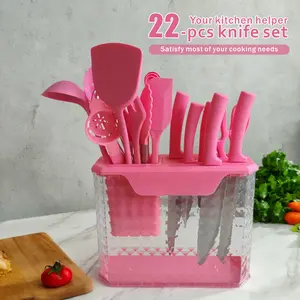 22-Piece Premium Kitchen Set lincludes Heat-Resistant Silicone Utensils & Non-Stick CookwareFeatures a Chef's Knife & Multiple Tools | Easy toClean with a Clear, Stylish Storage Box &Heatproof Handles |ldeal Housewarming Gift Pink