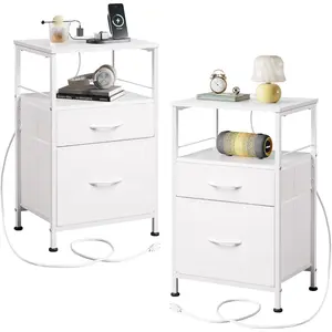 Night Stand Set 2, White Nightstand with  Station, Nightstands for Bedroom Set of 2, Bedside Tables, Side Table with 2 Fabric Drawers, Small Dresser with USB Ports and Outlets