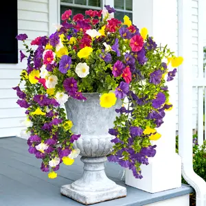 4pc Artificial Haning Flowers for Outdoor, Faux Silk Morning Glory UV Resistant Fake Hanging Flowers  Eucalyptus Leaves Look Real for Porch Planter Home Decor