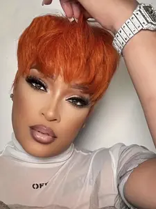 Short Pixie Cut Wigs For Women Straight Human Hair Machine Made Wigs With Bangs  Wig Orange 99j Natural Color Halloween Straight Bob Wigs
