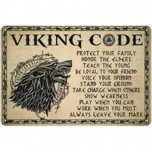 Viking Metal Wall Sign - Norse Home Bar Decor & Man Cave Art, Vintage Rustic Viking Code Tin Sign, Decorative Plaque, Unique Viking Gifts for Men