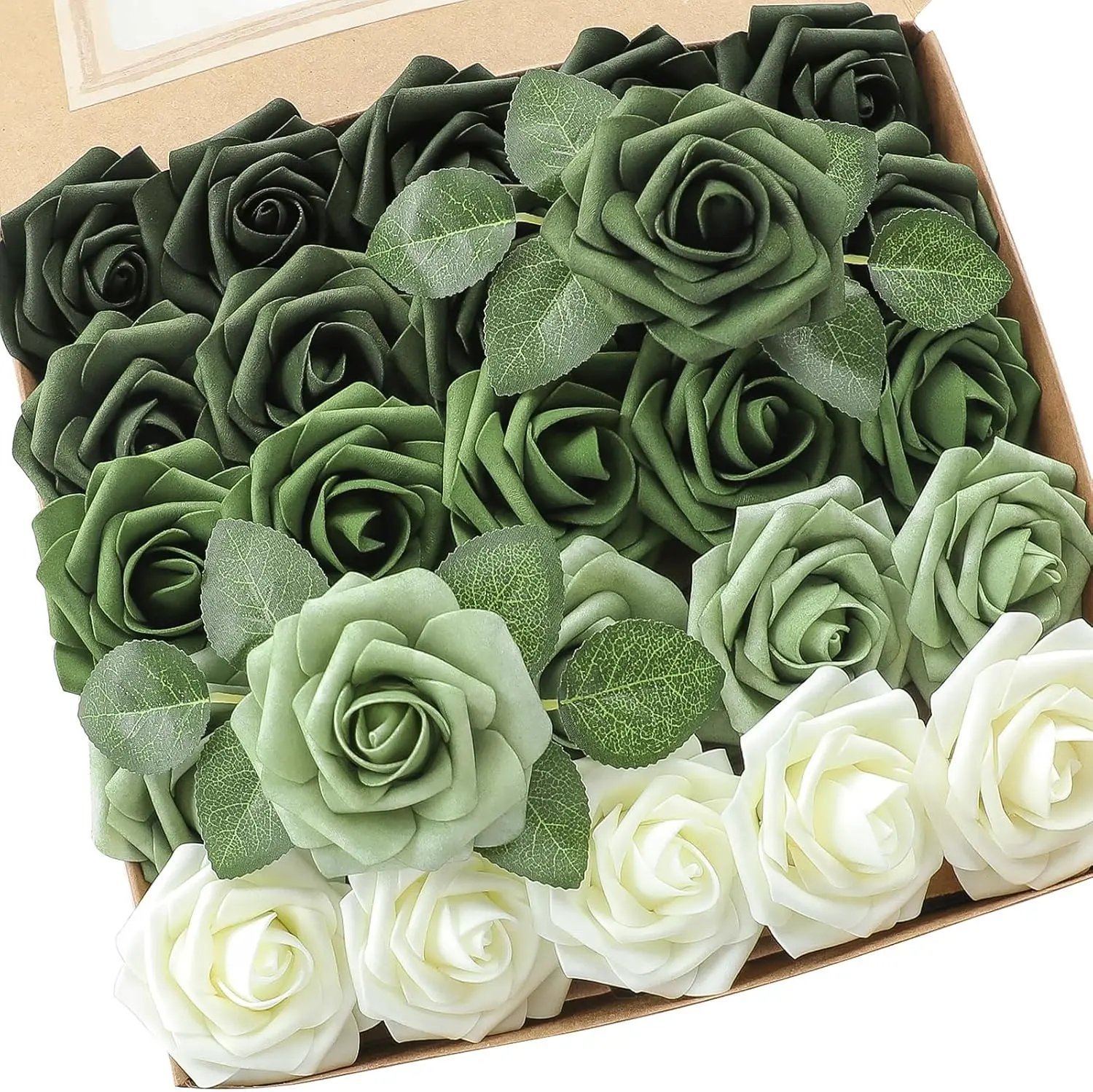 25 Pcs Decorative Gradient Shades of Green Artificial Foam Rose Flowers with Stem, Artificial Flower Bouquet in Box, for Mother's Day DIY Home Spring Decor