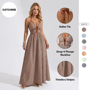 Katch Me Chic Women's Elegant Pinstripe Deep V Neckline Adjustable Halter Maxi Dress,  Summer Lightweight Dresses for Beach Holiday, Comfort Women's Clothing Vneck