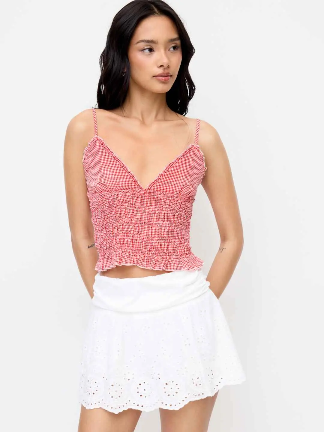 Cider Women's Sleeveless Gingham V-Neck Shirred Ruffled Camisole Top, Stylish Camisole Tops for Daily Wear, Lady, Short, Plaid, Gingham Plaid, Ruffled Top